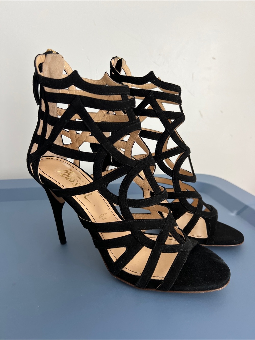 Jerome C. Rousseau black suede geometric caged zip up open toe high heels 37.5